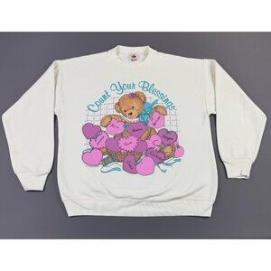 Rare Vintage 90s Granda Sweater Count Your Blessings Bear Heart FOTL Large Art